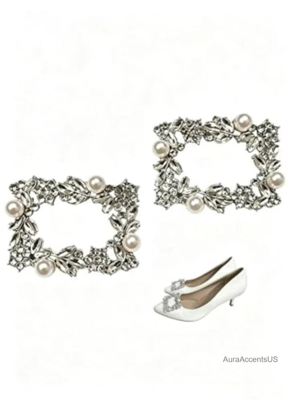 Rhinestone Shoe Clips for Women, Crystal Pearl Wreath Design, Silver-Tone,